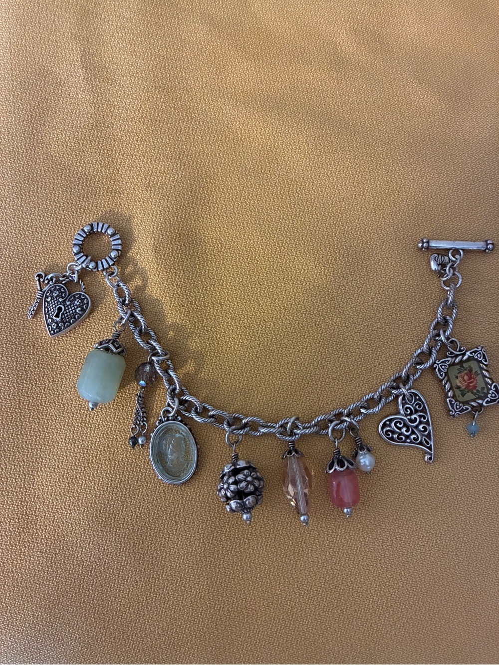 Brighton Silver Reversible Charm Bracelet with Green and Pink Beads (Retired)